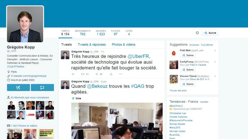 Sur son compte Twitter, Grégoire Kopp se réjouit d'être nommé à la com d'Uber. Il n'a pas toujours été positif avec le site de VTC