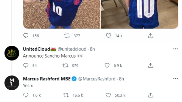 Le tweet de Rashford pour recruter Sancho