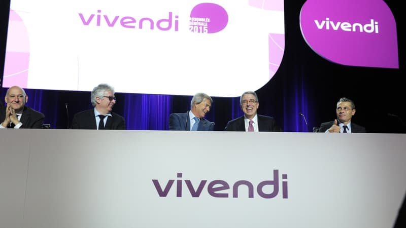 Stéphane Roussel, Hervé Philippe, Vincent Bolloré, Arnaud de Puyfontaine et Frédéric Crépin en 2015 lors de l'assemblée générale de Vivendi