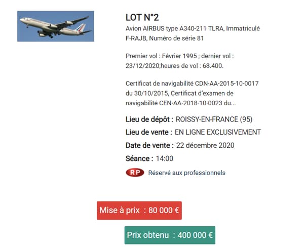 Les deux A340 ont été vendus pour 840.000 euros aux enchères