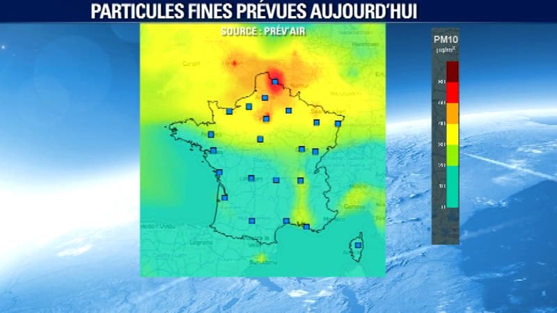 La carte du jour de la pollution au particules fines PM10, par l'organisme Prev'Air.