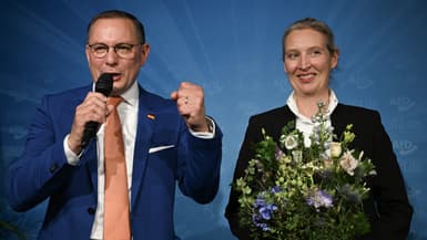 Les leaders de l'Afd Tino Chrupalla et Alice Weidel à Berlin le 9 juin 2024