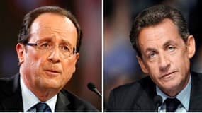 Une majorité de Français juge François Hollande plus convaincant que Nicolas Sarkozy en matière économique, à 55% contre 38%, d'après un sondage de BVA pour Avanquest diffusé jeudi par Challenges et BFM. /Photos d'archives/REUTERS
