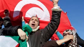 Les Tunisiens vivant en France ont manifesté leur joie samedi dans plusieurs villes, comme ici à Lyon, après la fuite en Arabie saoudite du président Zine el Abidine Ben Ali, exprimant leur espoir d'un changement démocratique. /Photo prise le 15 janvier 2