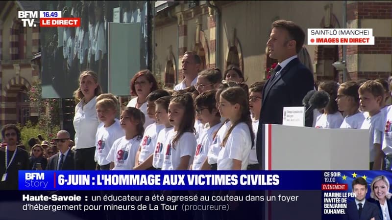 Hommage aux victimes civiles à Saint-Lô: la Marseillaise chantée par Emmanuel Macron, les chanteurs du coeur de l'armée française et des élèves