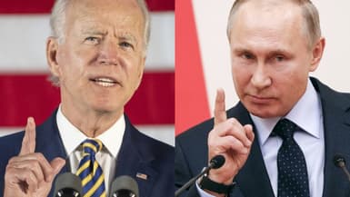 Un montage réalisé le 7 juin 2021 montre le président américain Joe Biden, photographié le 17 juin 2020 à Darby en Pennsylvanie, et son homologue russe Vladimir Poutine près de Moscou le 31 juillet 2018