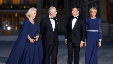 Emmanuel et Brigitte Macron accompagnés du roi Charles III et de la reine Camilla au château de Versailles (Yvelines), le 20 septembre 2023.