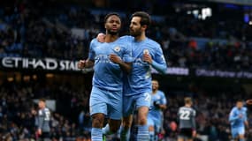 Raheem Sterling et Bernardo Silva lors de Manchester City-Leicester