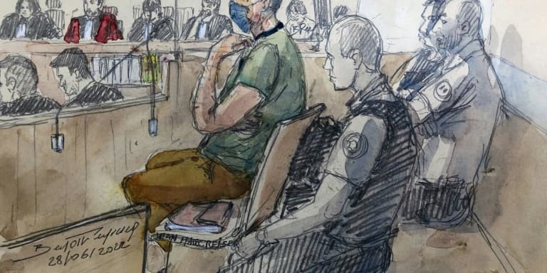 Croquis d'audience de Jean-Marc Reiser lors de son procès pour l'assassinat présumé de Sophie Le Tan, le 28 juin 2022 à Strasbourg