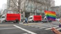 Trois camions affichant des slogans contre les traitements censés "guérir" les gays de leurs orientations sexuelles, le 14 janvier 2019 à Nankin en Chine.