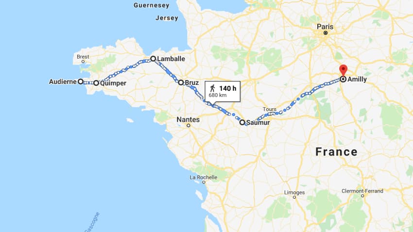 Trajet d'Audierne à Amilly, effectué par la pygargue 