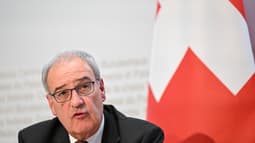 Le ministre suisse de l'Économie, Guy Parmelin, lors d'une conférence de presse à Berne, le 7 août 2025.