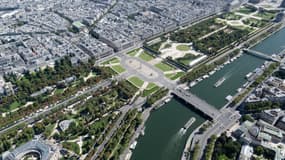 Le projet de réaménagement de la place de la Concorde à Paris vu du ciel, proposé par Philippe Prost et Bruel Delmar en 2025.