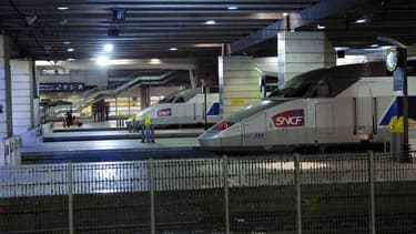Deux TGV  en attente, au terminus de la gare Montparnasse à Paris.