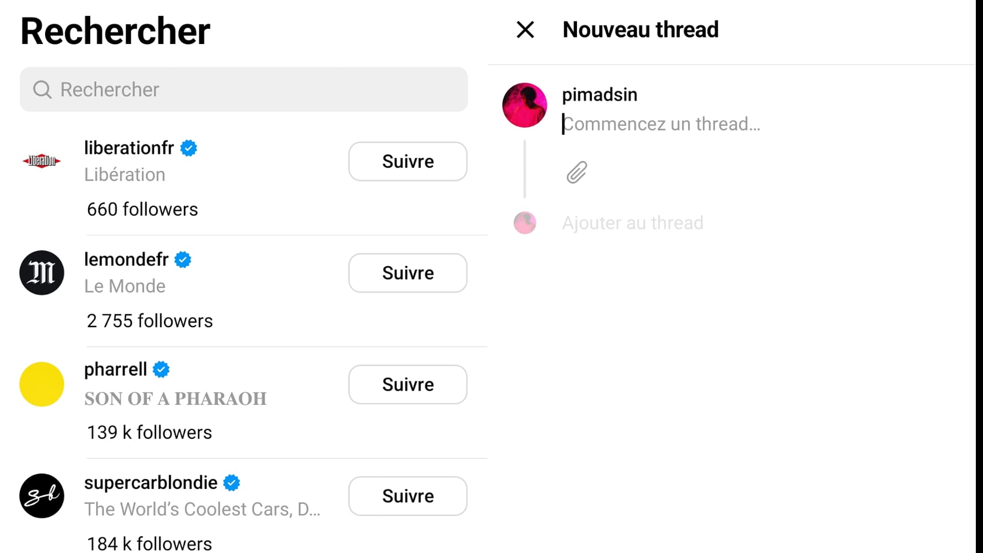 Les onglets de Threads pour recherche des profils et rédiger un thread.