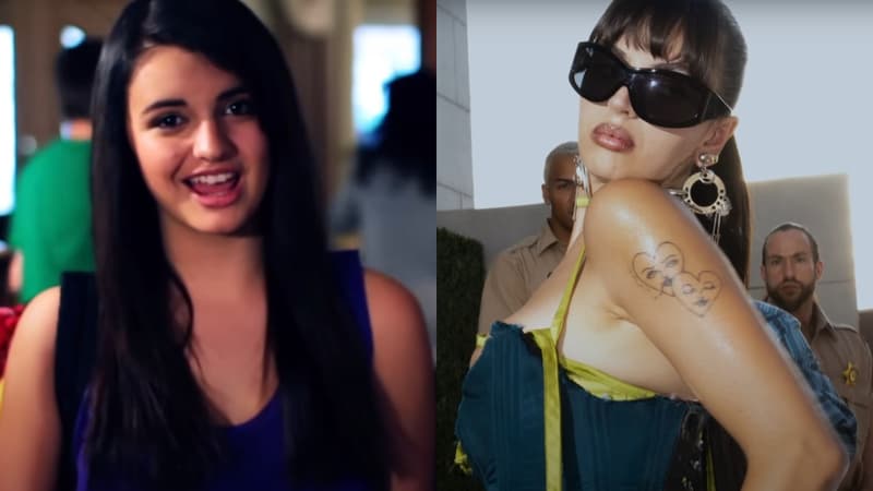 Rebecca Black en 2011, dans le clip de "Friday", et dans la vidéo de son titre "TRUST!", sortie en octobre 2024