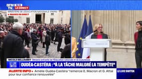 Nicole Belloubet salue "le courage d'Amélie" Oudéa-Castéra lors de la passation de pouvoir au ministère de l'Éducation nationale 