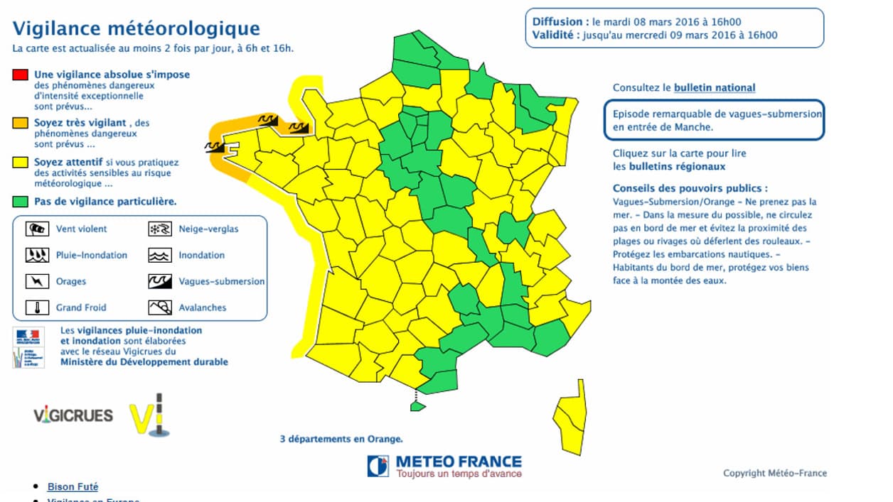 Météo France a placé mardi 8 mars trois départements en vigilance orange pour risque de vagues-submersion.
