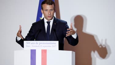 Le Président Emmanuel Macron, lors d'un discours à l'Hôtel de Ville de Paris pour le 500e anniversaire de la réforme protestante, le 22 septembre 2017.
