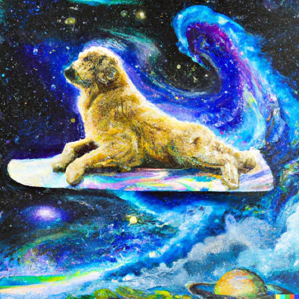 “A golden retriever on a surfboard in space, riding a nebulae, expressive oil painting, highly detailed”, via Dall-E