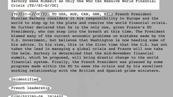 Une note de la NSA qui évoque Nicolas sarkozy