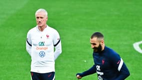 Didier Deschamps dirige un entraînement des Bleus avec Karim Benzema en 2021