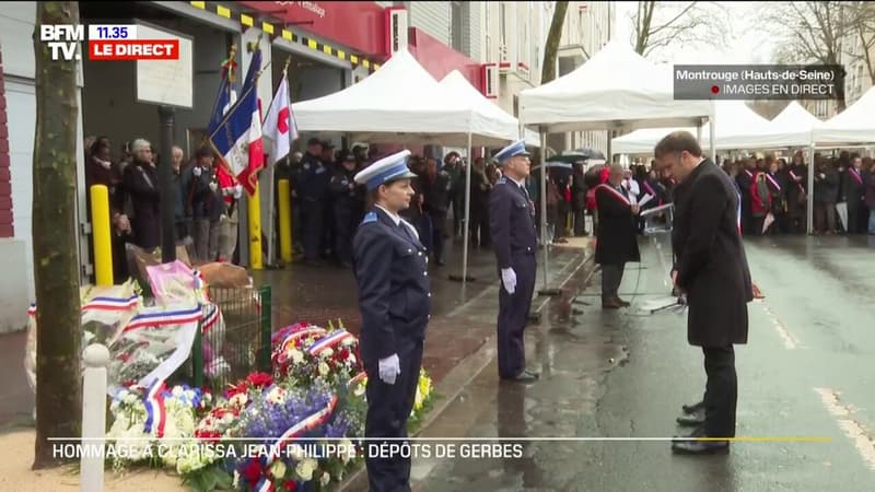 Attentats de janvier 2015: Emmanuel Macron et Éric Lengereau (maire de Montrouge) dépose une gerbe en hommage à Clarissa Jean-Philippe