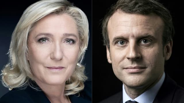 Photomontage réalisé le 10 avril 2022 du président français Emmanuel Macron (7 mars 2017 à Paris) et de la présidente du Rassemblement national Marine Le Pen (20 octobre 2021 à Paris) 