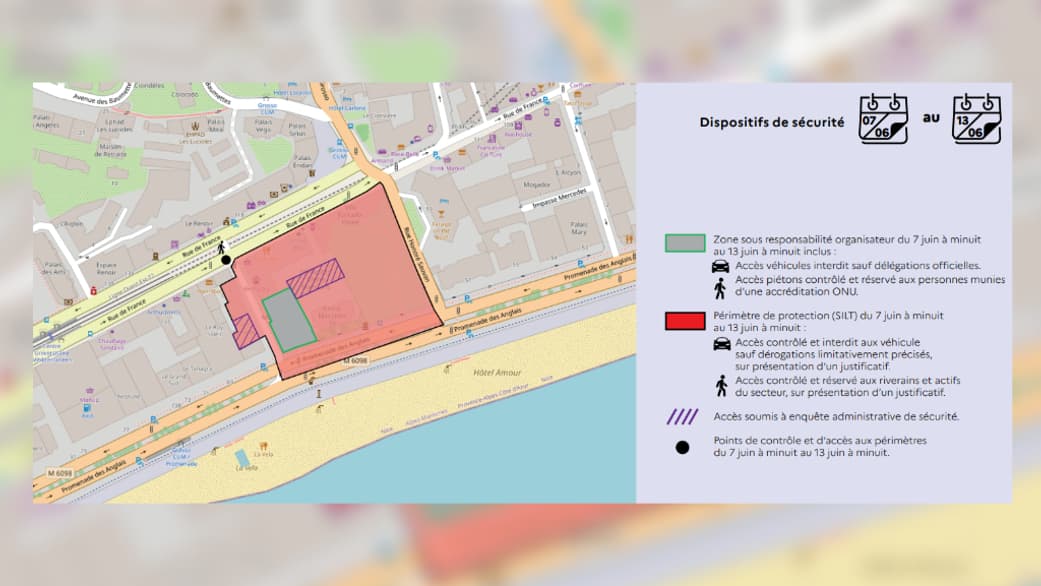 La zone de sécurité lors de la conférence des Nations unies sur les océans à Nice, au Negresco du 7 au 13 juin 2025.