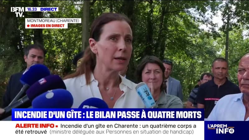 Incendie d'un gîte en Charente: le bilan passe à quatre morts annonce Charlotte Parmentier-Lecocq, ministre déléguée chargée de l'Autonomie et du Handicap