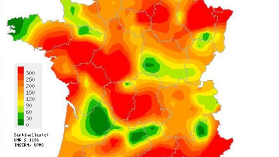 La carte du nombre de cas de gastro-entérite recensés en France.