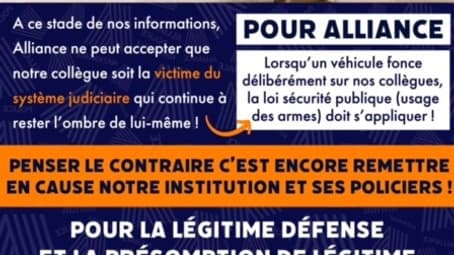 Tract du syndicat Alliance dénonçant "une décision inadmissible" après la mise en examen d'un policier qui a tué deux personnes après un refus d'obtempérer Tract du syndicat Alliance dénonçant "une décision inadmissible" après la mise en examen d'un policier qui a tué deux personnes après un refus d'obtempérer