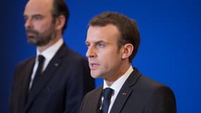 Emmanuel Macron et Edouard Philippe après les attaques dans l'Aude le 23 mars 2018