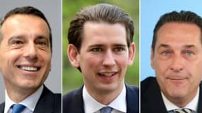 Portraits de gauche à droite du chancelier social-démocrate Christian Kern, du conservateur Sebastian Kurz et du chef de l'extrême droite Heinz-Christian Strache.