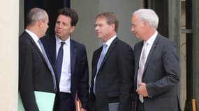 De gauche à droite, le syndicaliste Laurent Berger (CFDT) en présence des représentants du patronat: Geoffroy Roux-de-Bézieux (Medef), François Asselin (CPME) et Alain Griset (U2P).