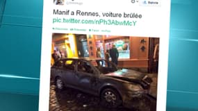 Une photo d'une voiture incendiée, postée sur Twitter.