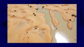 Une vue des étendues d'eau causées par les fortes pluies entre les dunes de sable dans la ville désertique de Merzouga, près de Rachidia, dans le sud-est du Maroc, mercredi 2 octobre 2024. 