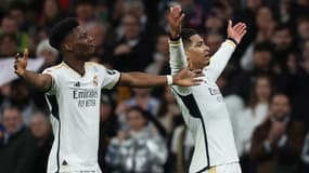 Aurélien Tchouaméni et Jude Bellingham célèbrent un but du Real Madrid, février 2024