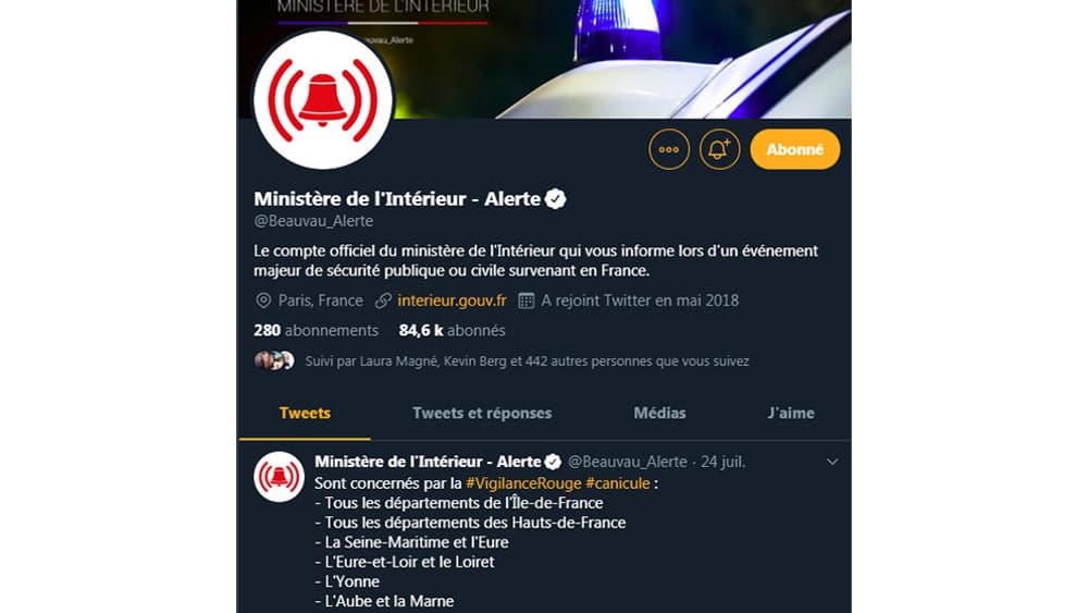 Le compte Twitter Beauvau Alerte, le 26 septembre 2019