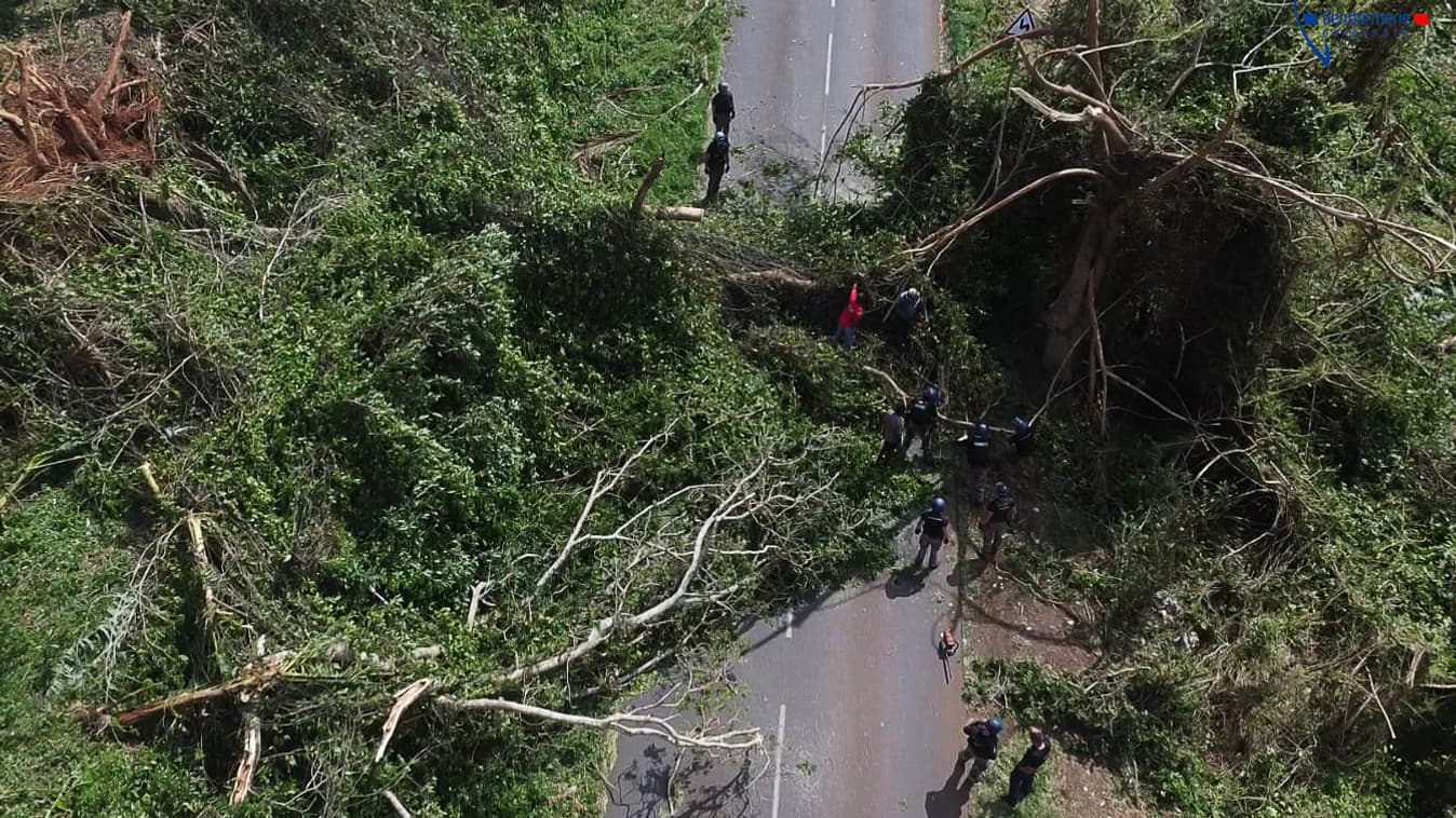 Cette photo aérienne prise le 15 décembre 2024 montre des gendarmes français travaillant avec des habitants pour dégager une route à Mayotte Cette photo aérienne prise le 15 décembre 2024 montre des gendarmes français travaillant avec des habitants pour dégager une route à Mayotte