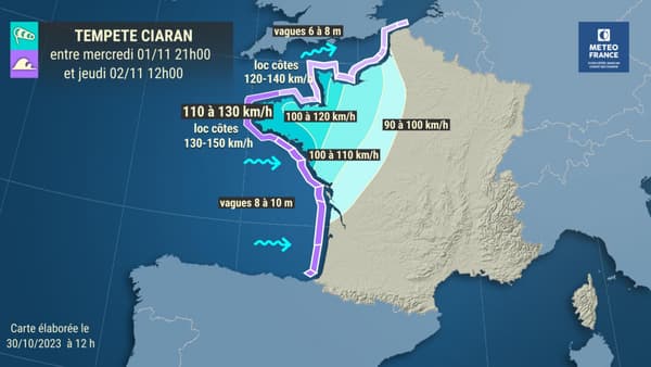 Infographie concernant la tempête Ciaran et ses conséquences les 1er et 2 novembre 2023, élaborée le 30 octobre 2023 à 12h.