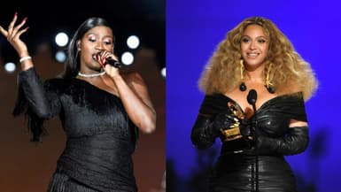 Aya Nakamura au défilé Etam en septembre 2019 (gauche), Beyonce aux Grammy Awards en 2021 (droite).