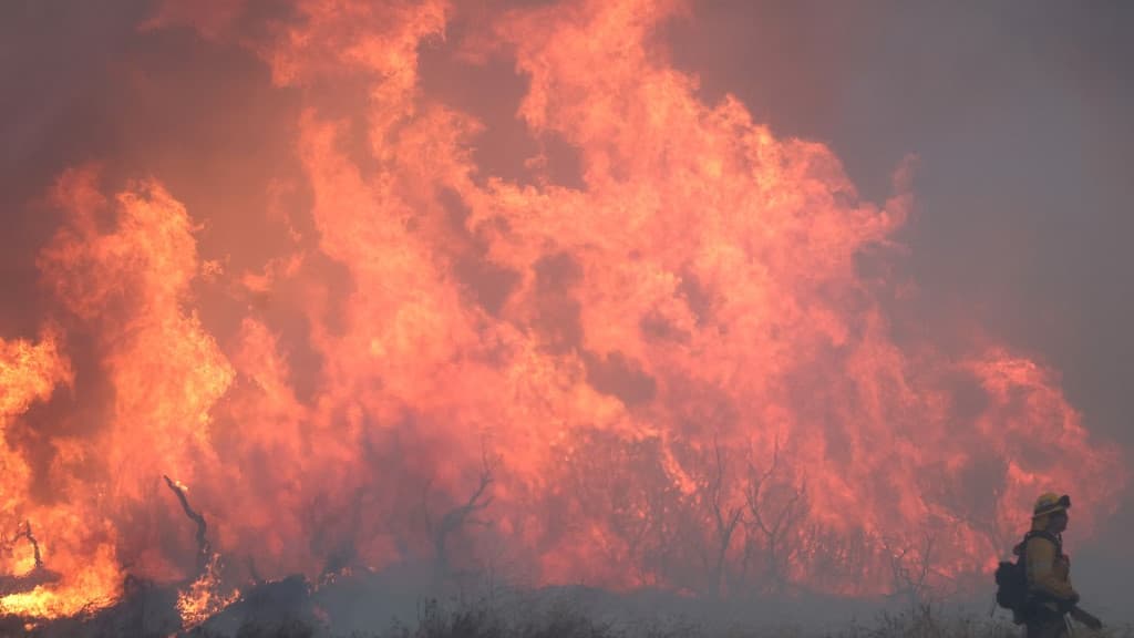 Des pompiers luttent contre les flammes autour du lac Castaic, Californie, le 22 janvier 2025