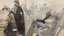Croquis d'audience montrant Cédric Jubillar et ses avocats Alexandre Martin (C) et Emmanuelle Franck à son procès à la cour d'assises du Tarn, à Albi, le 23 septembre 2025