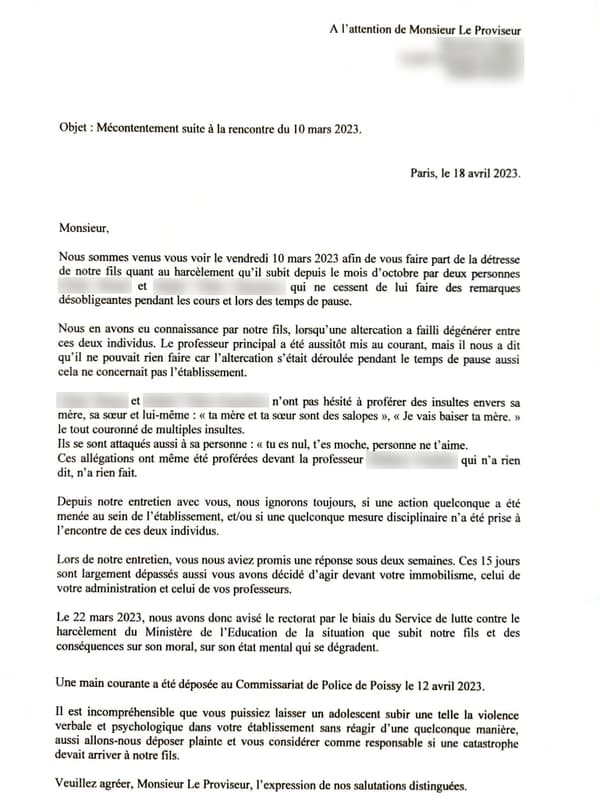 La lettre des parents dont l'enfant s'est suicidé à Poissy, adressé en avril 2023 au proviseur de son établissement.