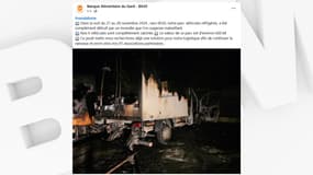Un camion frigorifique de la Banque alimentaire incendié à Nîmes, le 28 novembre 2024