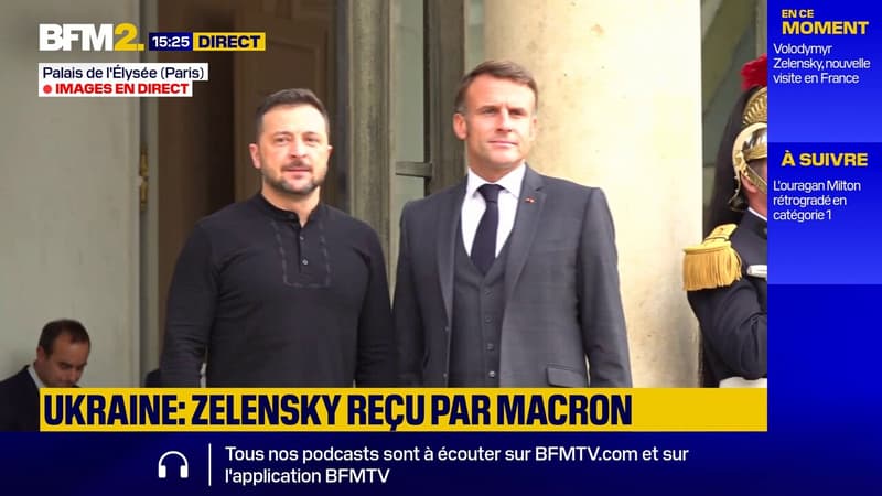 Le président ukrainien Volodymyr Zelensky accueilli par Emmanuel Macron à l'Élysée