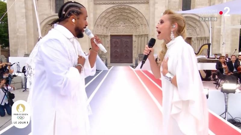 Slimane et Lara Fabian lors d'un concert à Saint-Denis, avant la cérémonie d'ouverture des Jeux olympiques de Paris