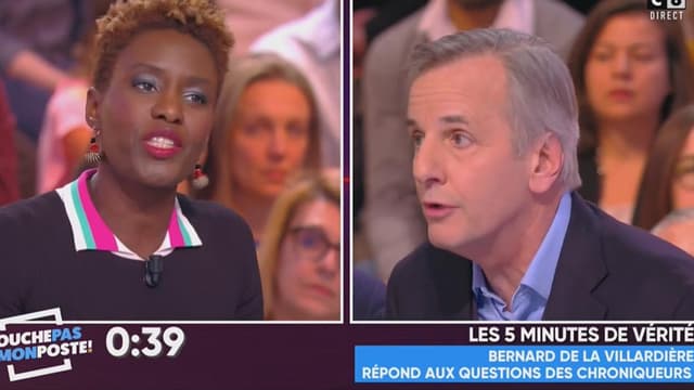 La militante antiraciste et chroniqueuse de TPMP, face au journaliste de M6, Bernard de la Villardière, le 26 février 2017, sur C8.