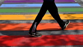 Un homme en train de passer sur un passage piéton aux couleurs de la pride à Périgueux en mai 2018 (Photo d'illustration).